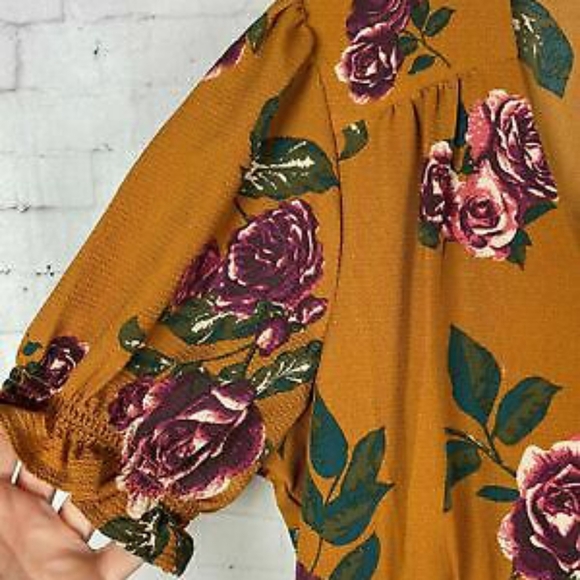 *NEW! V NECK TIERED RUFFLE MUSTARD FLORAL PRINT DRESS SIZE SMALL YELLOW - Picture 9 of 11